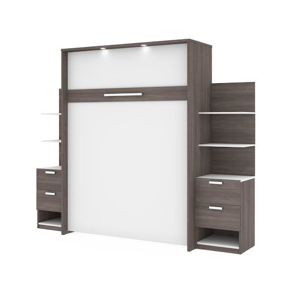 Cielo 105W Queen Murphy Bed with Floating Shelves and Drawers (104W), Bark Grey & White